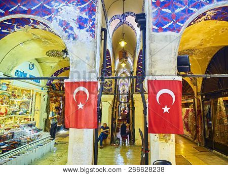Istanbul, Turkey - July 11, 2018. Vendors At The Passageways Of The Kapali Carsi, The Grand Bazaar O