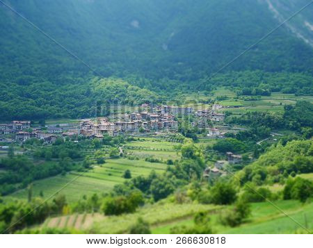 Tilt Shift Image Of Mountain Village In Italy