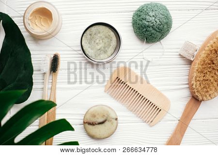 Zero Waste Flat Lay. Solid Shampoo Bar, Bamboo Toothbrushes, Wooden Brush, Natural Deodorant And Kon