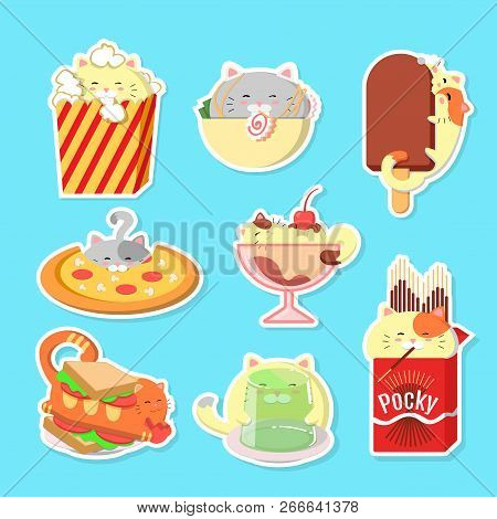Set Of Cute Cats With Food. Kawaii Vector Cats.