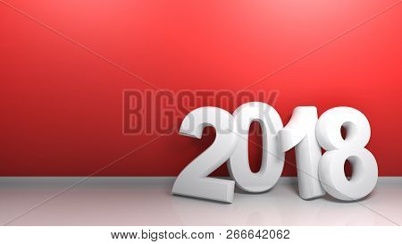 2018 Written With White 3d Digits Standing On The White Floor Of A Room, Leaning At Its Red Wall