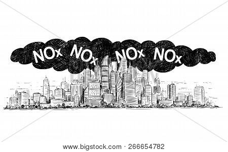 Vector Artistic Pen And Ink Drawing Illustration Of High Rise Building And Smog Covering The City. E