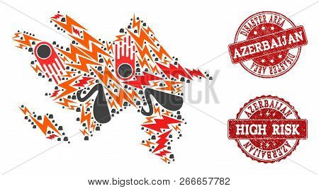 Disaster Collage Of Mosaic Map Of Azerbaijan And Dirty Seals. Vector Red Seals With Grunge Rubber Te