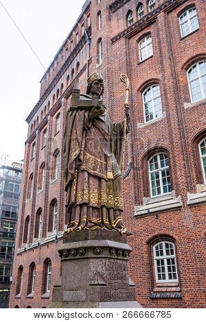 Hamburg, Germany - March, 2018: Bischof Ansgar Statue In Hamburg