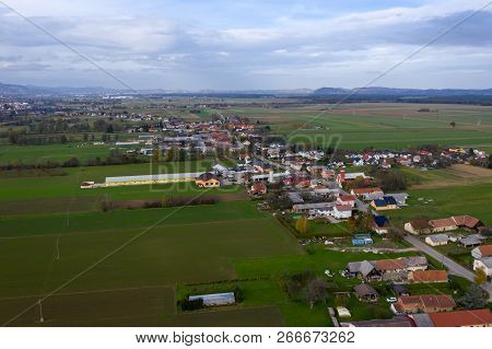 European Countryside From The Air, Village In Pannonian Plain, Dravsko Polje, Slovenia, Rural Landsc