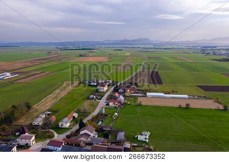 European Countryside From The Air, Village In Pannonian Plain, Dravsko Polje, Slovenia, Rural Landsc