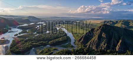 Panorama From Dron The River Abakan In Siberia.