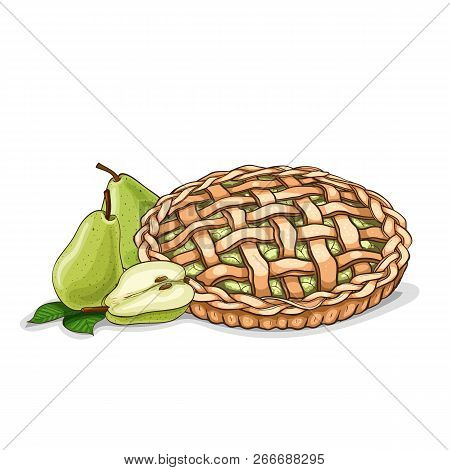 Vector Color Sketch Pear Pie Recip, Line Art, Hand Drawn Illustration For Cook Book