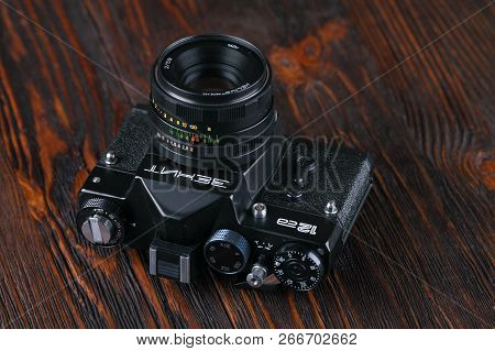 Moscow, Russia, April 20, 2017. The Old Soviet 35 Mm Slr Camera Zenit 12sd Xs, Released 1991.