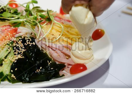 Chilled Cold Cool Somen Noodle. Japanese Food With Ham Egg Seaweed Shrimp Vegetable