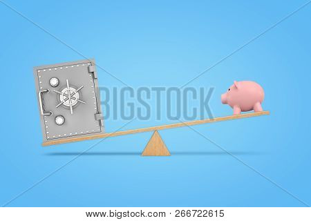 3d Rendering Of Wooden Seesaw With A Metal Safe Box Overweighing A Large Pink Piggy Bank.