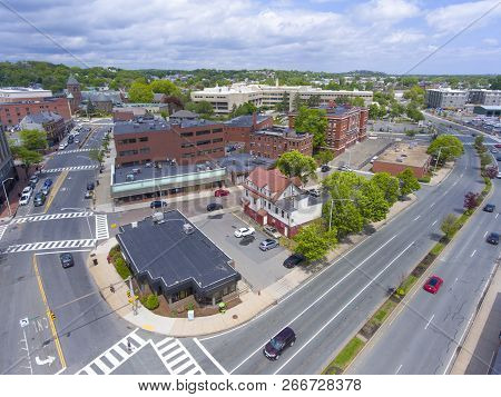 Malden City Aerial View On Centre Street In Downtown Malden, Massachusetts, Usa.