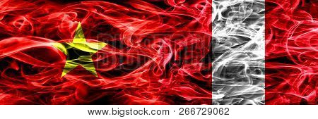 Socialist Republic Of Viet Nam Vs Peru, Peruan Smoke Flags Placed Side By Side. Thick Colored Silky 