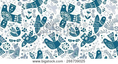 Vector Folk Christmas Blue Birds Seamless Pattern.