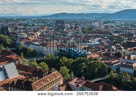 Austria.graz September 2018. Panoramic View Of The City And The Kunsthaus Graz-art Museum