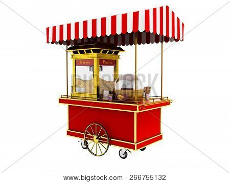 Modern Sale Of Popcorn From Red Truck 3d Render On White Background No Shadow