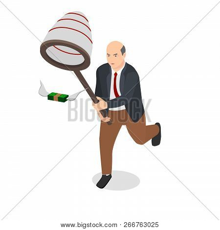 Businessman Holding Net Catch Money With Wings.