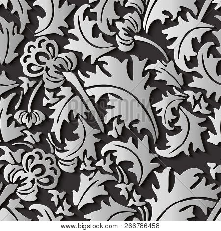 Seamless Relief Sculpture Decoration Retro Pattern Elegant Gray Leaf Flower. Ideal For Greeting Card