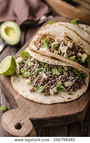 Homemade Minced Beef Tortilla, Fresh Avocado And Mozarella Cheese