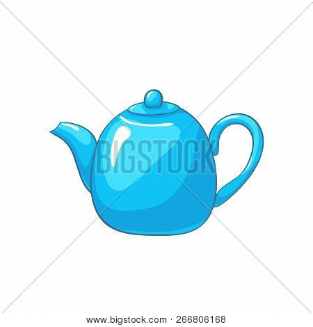 Teakettle, Vector Cartoon Blue Teapot Isolated On White Background