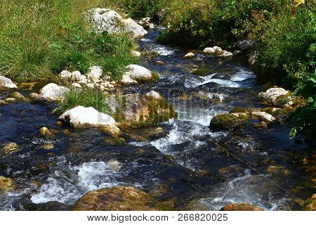Spring Water Mountain River And The Nice Petrous Creek On North Caucasus. Mountain Natural Landscape