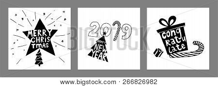 Happy New Year Typographic Poster Set. Vector Logo, Text Design. Black And White.