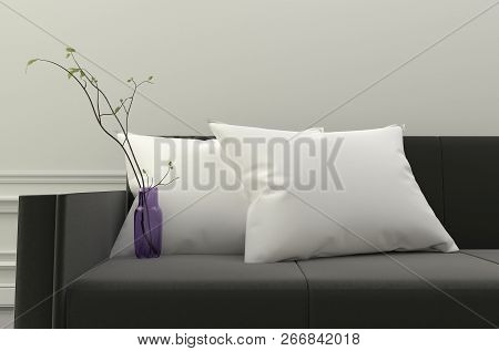 White Pillows And Plants On Black Sofa. 3d Rendering