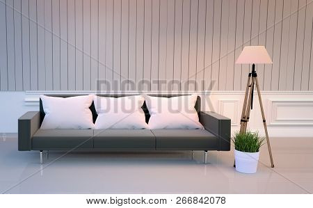 White Room Interior - Room Elegant Style - Room Have Black Sofa Lamp And Plants. 3d Rendering