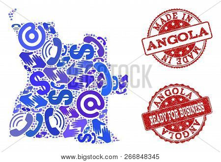 Business Contacts Combination Of Blue Mosaic Map Of Angola And Textured Seals. Vector Red Seals With