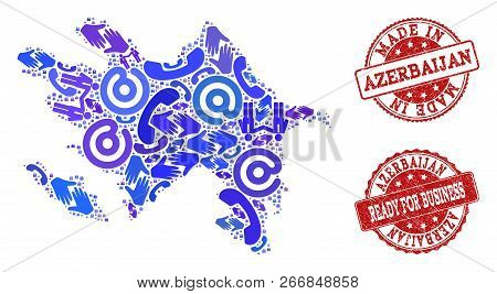 Business Contacts Collage Of Blue Mosaic Map Of Azerbaijan And Rubber Seal Stamps. Vector Red Waterm