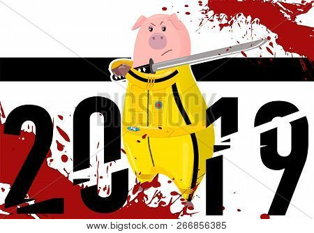 Pig. Piggy. Hog. Kung Fu, Karate Kick. 2019 Chinese New Year Symbol. Cartoon Character Isolated On W