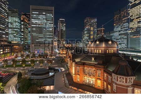 Tokyo Station Building At Twilight Time. At The Marunouchi Business District, Japan.