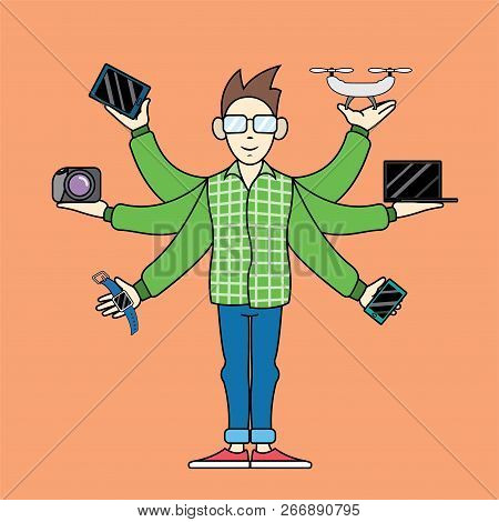 Geek With Electronic Devices And Gadgets On His Hands