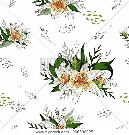 Lily Bouquets And Isolated On White Elements Seamless Pattern