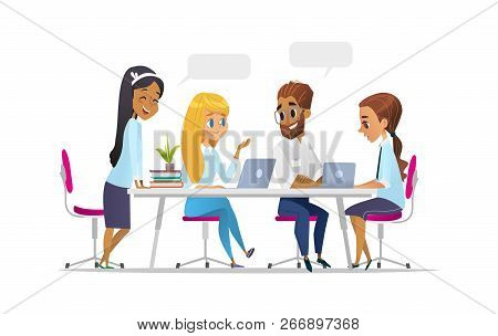 Meeting Business People In A Cartoon Style. Team Discusses Social Network, News, Chat, Dialogue Spee