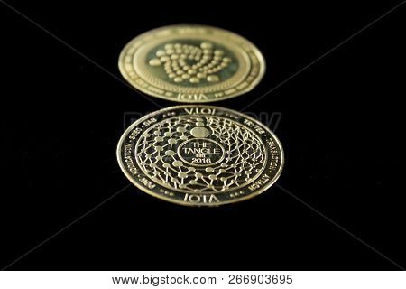 On A Black Background Is Isolated The Front And Back Side Of Gold Coin Of A Digital Crypto  Currency