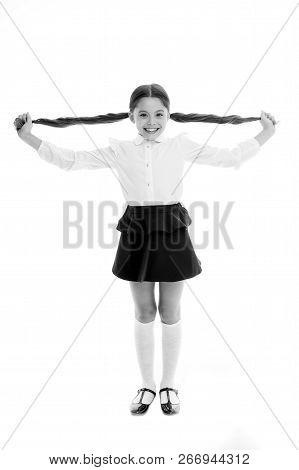 Happy Kid Show Long Brunette Hair Isolated On White. Fashion Girl Smile With New Hairstyle. Proud Of
