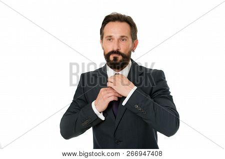 Man Adjust Necktie Isolated On White. Business Man Bearded Mature Formal Suit Adjust Accessory. Busi