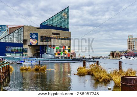 Baltimore, Md, Usa December 18, 2016 National Aquarium In Baltimore Stand Out In The Inner Harbor Ar