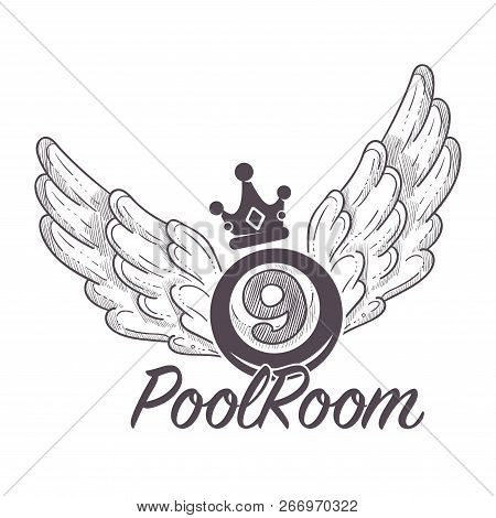 Poolroom Logo With Crown And Wings Monochrome Sketch Outline