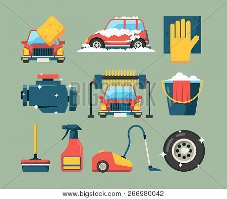 Car Wash Service. Dirty Machines In Clean Building Water Bucket Wiping Sponge Vector Icons Cartoon. 