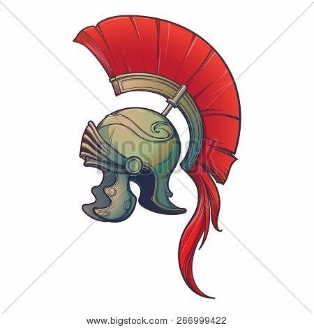 Galea. Roman Imperial Helmet With Crest Tipically Worn By Centurion. Side View. Heraldry Element. Pa