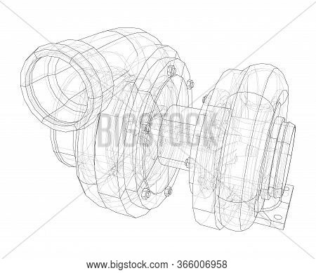 Automobile Turbocharger Concept Outline. Vector Rendering Of 3d. Wire-frame Style. The Layers Of Vis