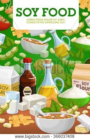Soy Food And Soybean Products. Miso Soup With Soy Sauce And Tofu Cheese, Soybean Milk And Oil, Flour
