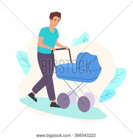 Dad Walks On The Street As A Child In A Stroller. Father Rolls His Son In A Stroller In The Fresh Ai