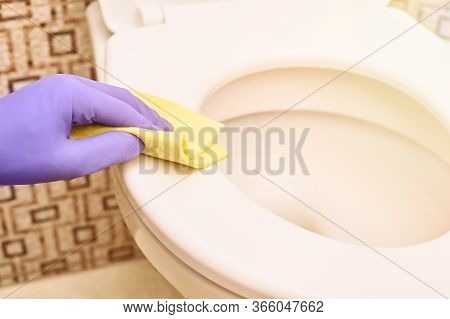 Hand In Protective Glove Clean Bathroom. White Toilet. Professional Sanitary Washing. House Cleaning