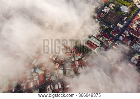 Puli, Nantou - Jan 2nd, 2020: aerial view of Puli cityscape with clouds over the city, Nantou county, Taiwan