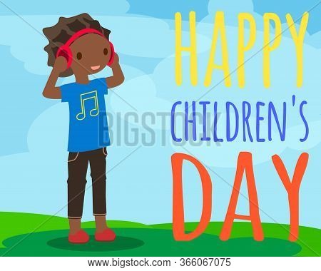 Happy Children\'s Day Background, Cute Boy In Headphones Vector Illustration