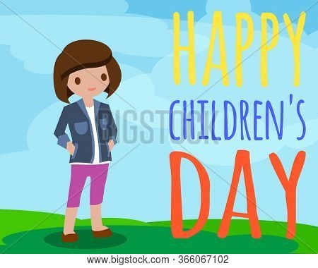 Happy Children's Day Background, Cute Girl, Vector Illustration