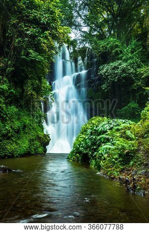 Waterfall Landscape. Beautiful Hidden Waterfall In Tropical Rainforest. Jungle River. Adventure And 